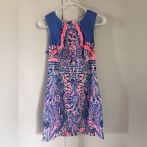 Lilly Pulitzer blue, neon pink and yellow Mila Tic Tac Shift dress size 4
